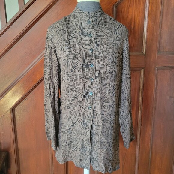 Chicos Design 100% Silk Button-Up Long Sleeve Shirt Jacket Size 2 Brown & Black - Picture 1 of 5